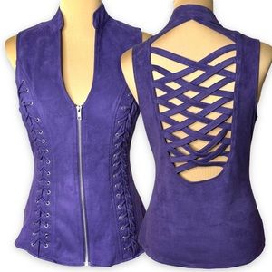 Lydia USA Corset Vest Top Purple Faux Suede Leather Laces Sleeveless Size XL